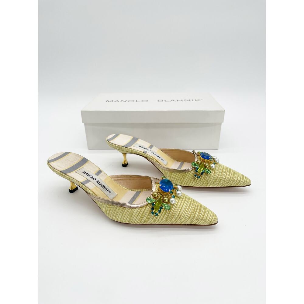 Manolo Blahnik Retro Green Striped Crystal Pointed Toe Kitten Heel Mules IT 36.5 - Picture 2 of 12